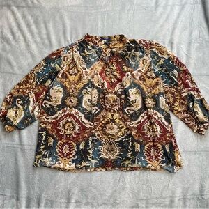 Chaps Blouse 2X Womens Paisley Multi Boho Semi-sheer Tie Neck